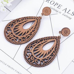 Vintage Hollow Out Water Drop Shaped Wooden Earrin